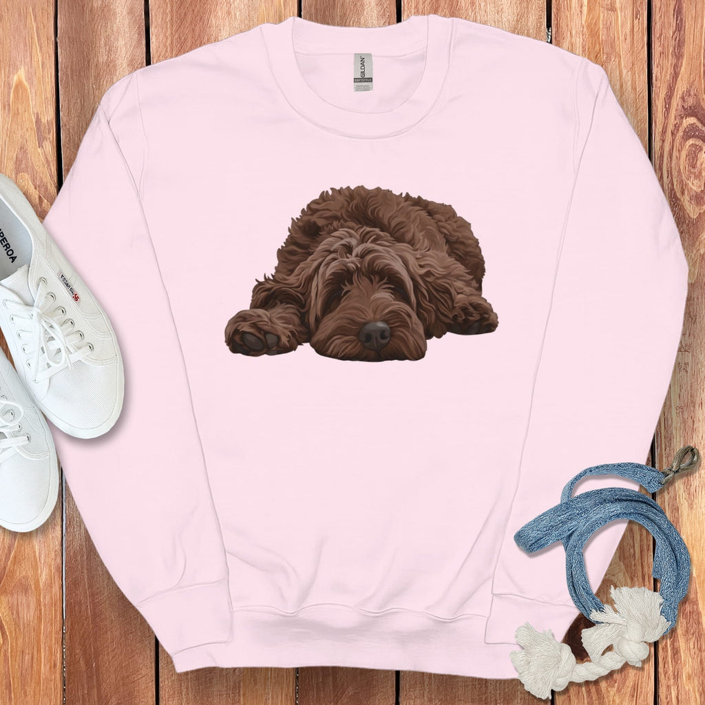 Chocolate Goldendoodle Snoozing Sweatshirt in Light Pink / S by Puppy Jo