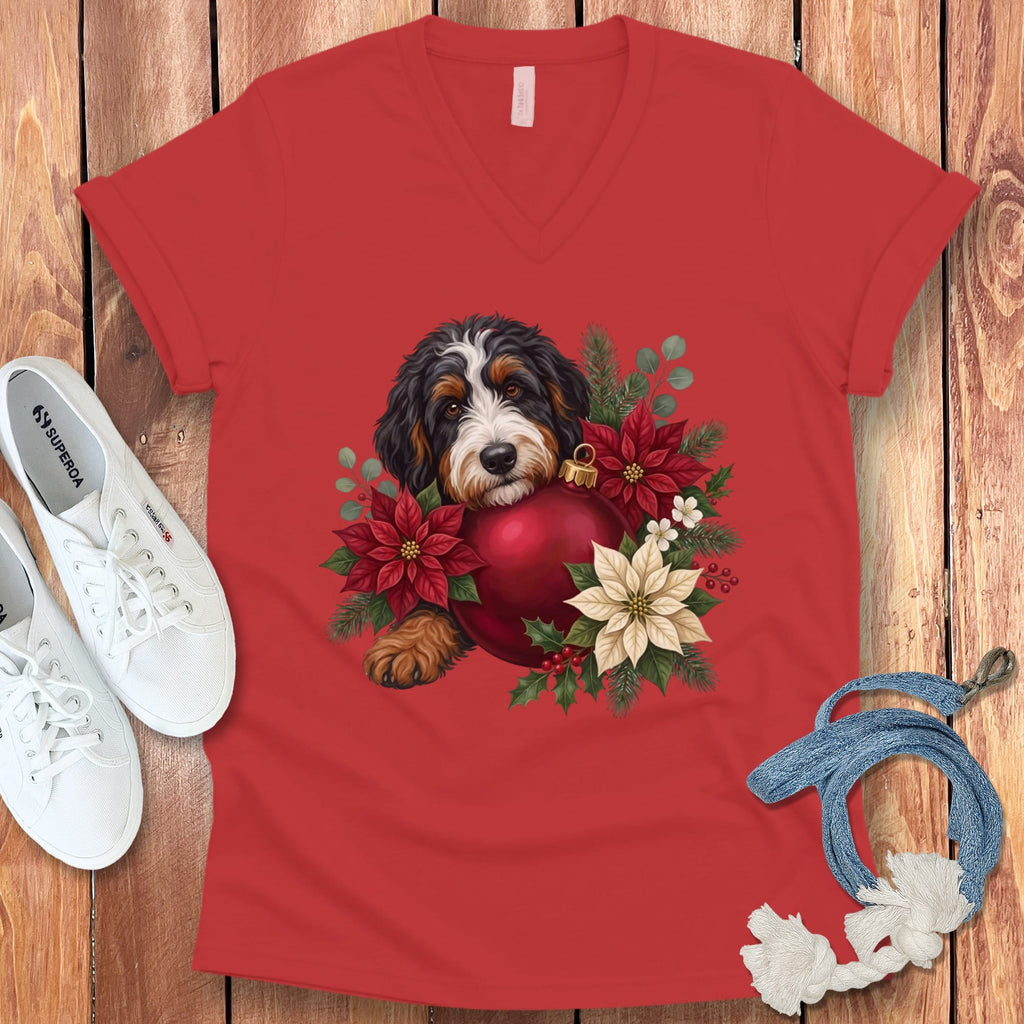 Bernedoodle Holiday Cheer V-Neck T-Shirt in Red / S by Puppy Jo