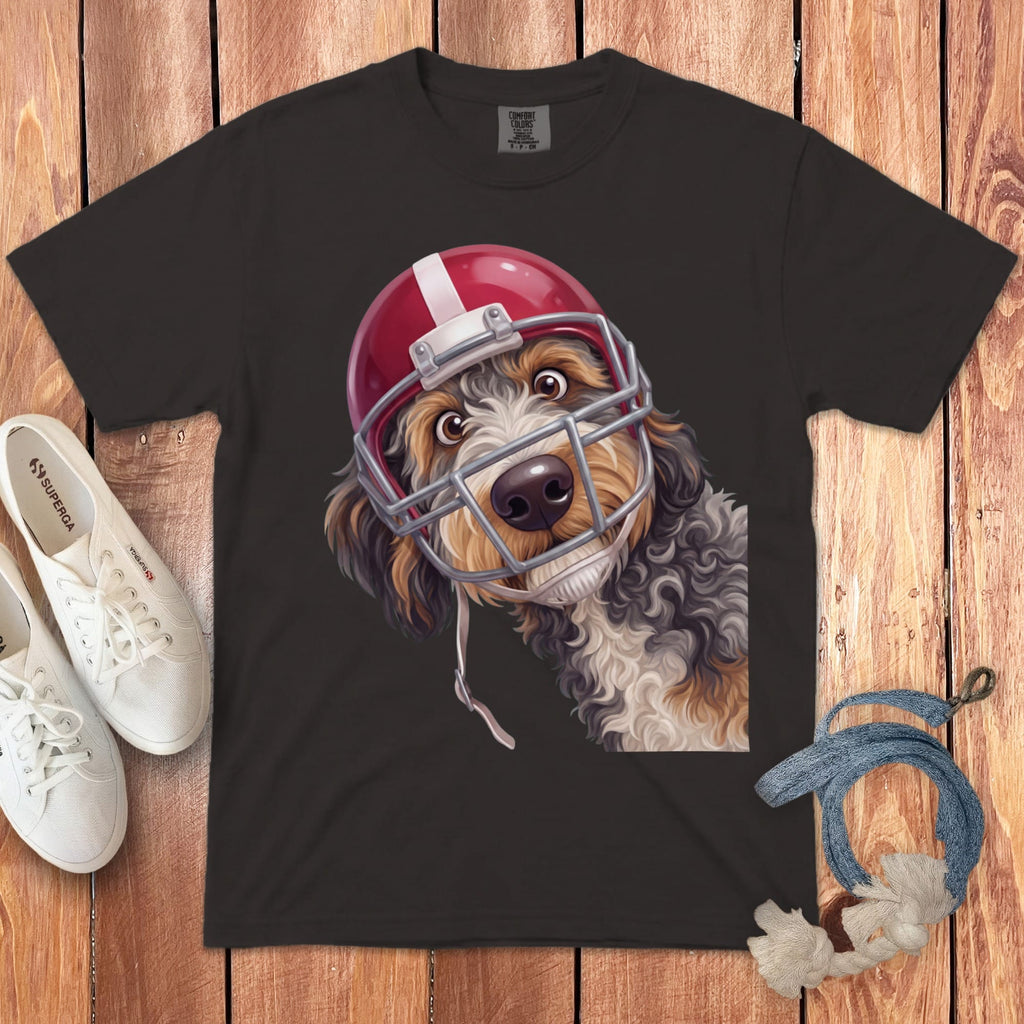 T-shirt with a dog wearing a red football helmet and face mask.