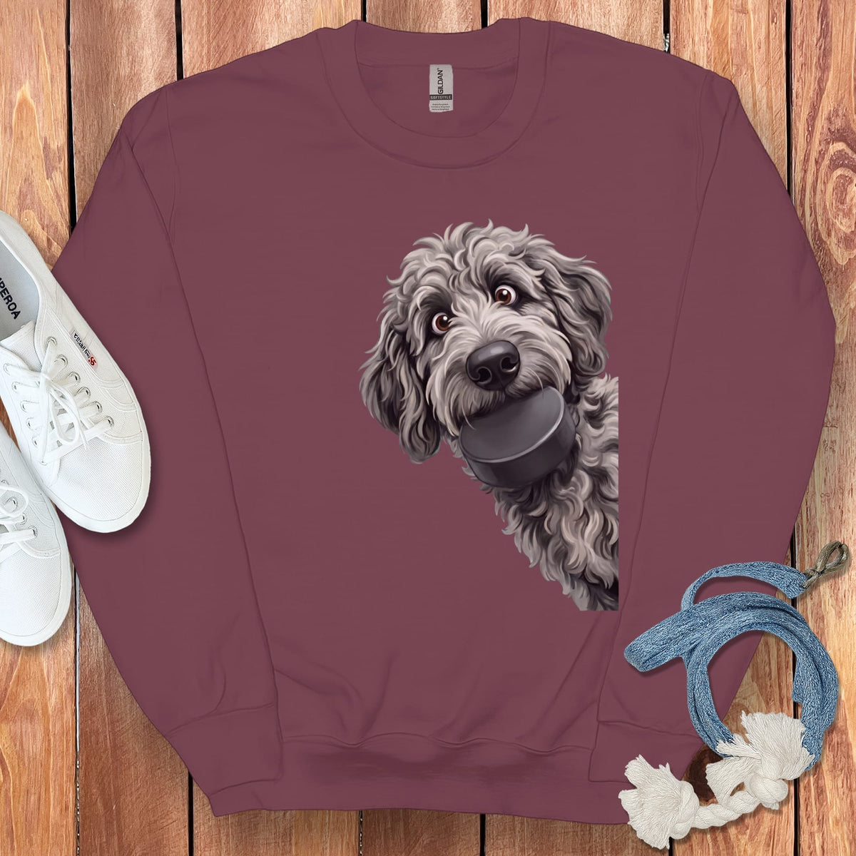 Merle Goldendoodle Hockey Puck Sweatshirt in Maroon / S by Puppy Jo