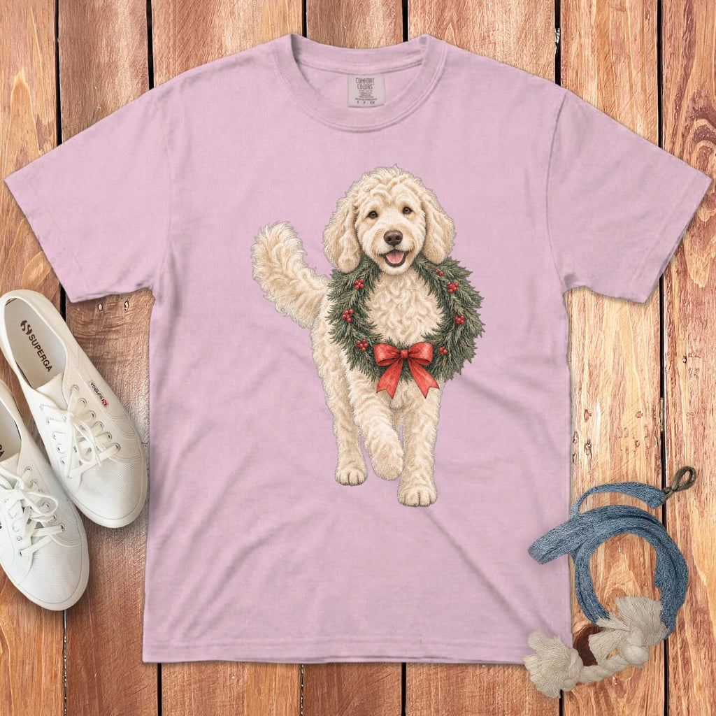 Cream Goldendoodle Wreath Signature T-Shirt in Blossom / S by Puppy Jo