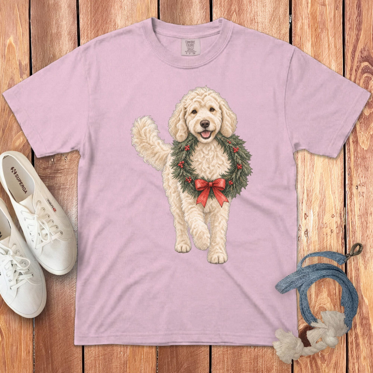 Cream Goldendoodle Wreath Signature T-Shirt in Blossom / S by Puppy Jo
