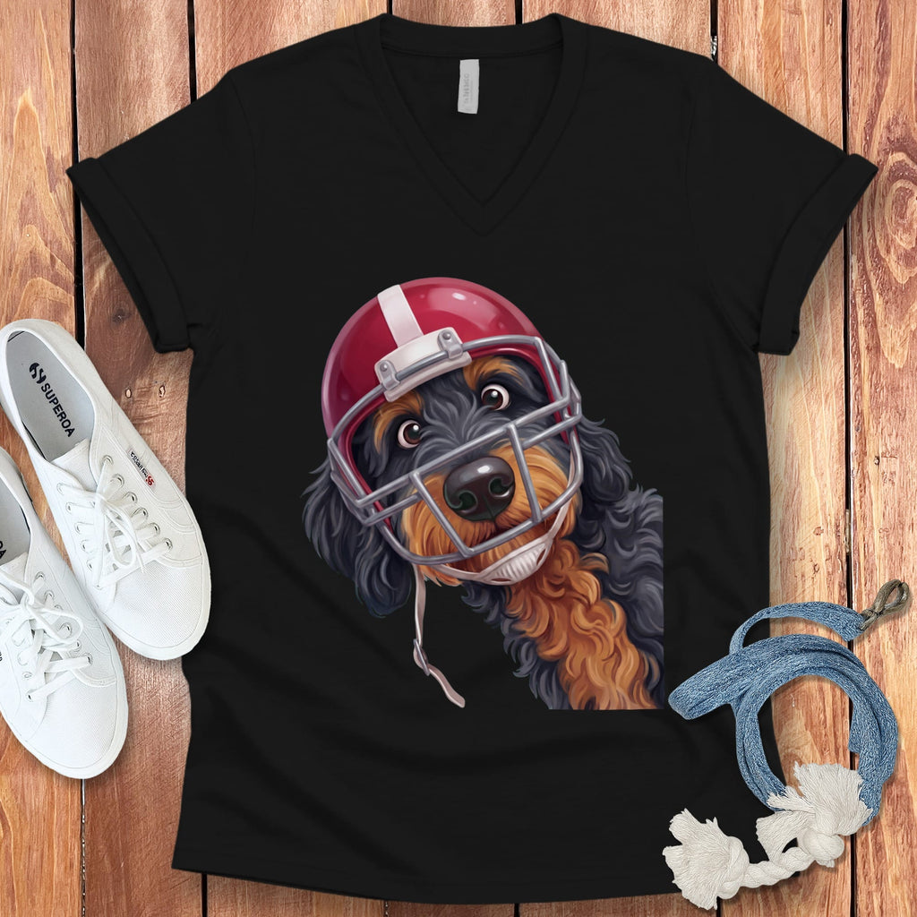 Phantom Goldendoodle Football Helmet V-Neck T-Shirt in Black / S by Puppy Jo