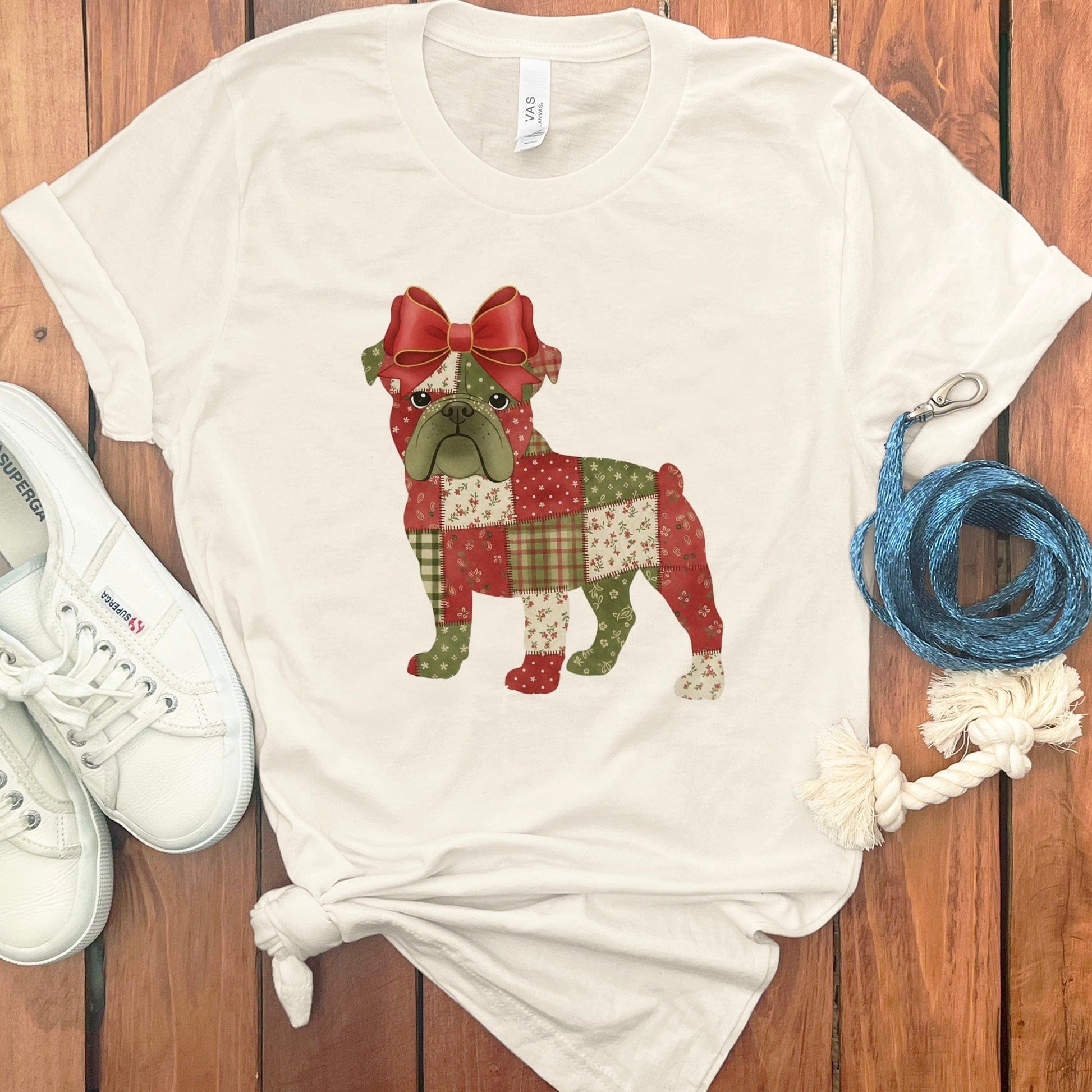 Festive Patchwork Bulldog with Red Bow Shirt product type