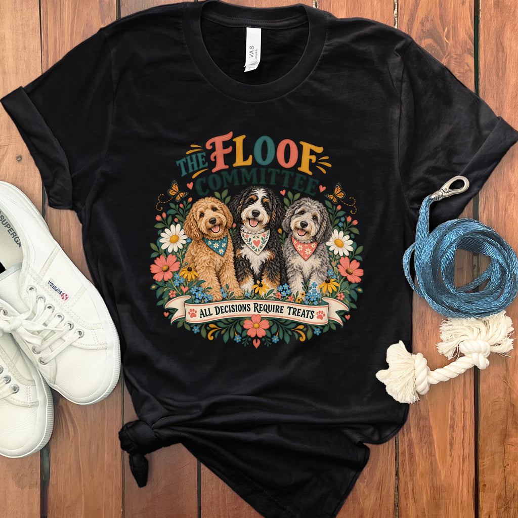 Black t-shirt with three dogs, flowers, and text "The Floof Committee All Decisions Require Treats".