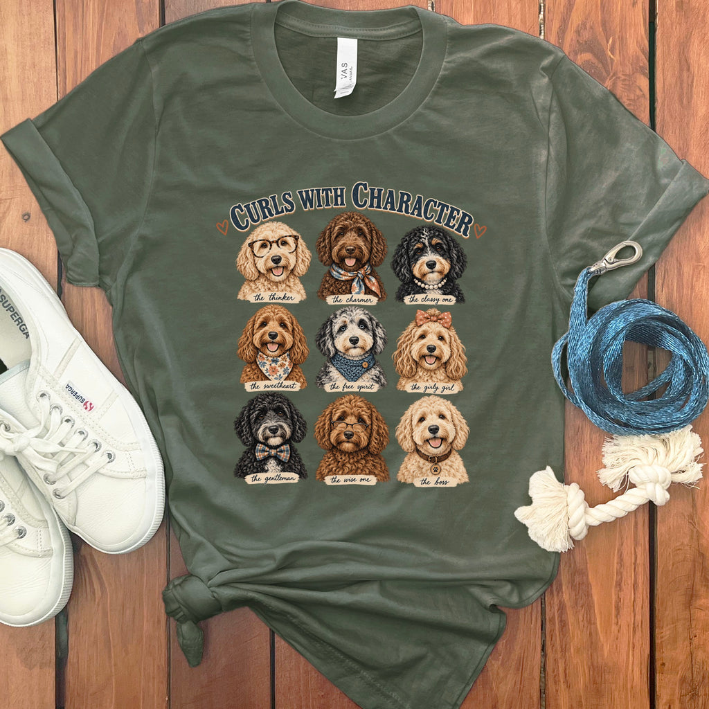 Green t-shirt with "Curls With Character" text and nine doodle dog illustrations.