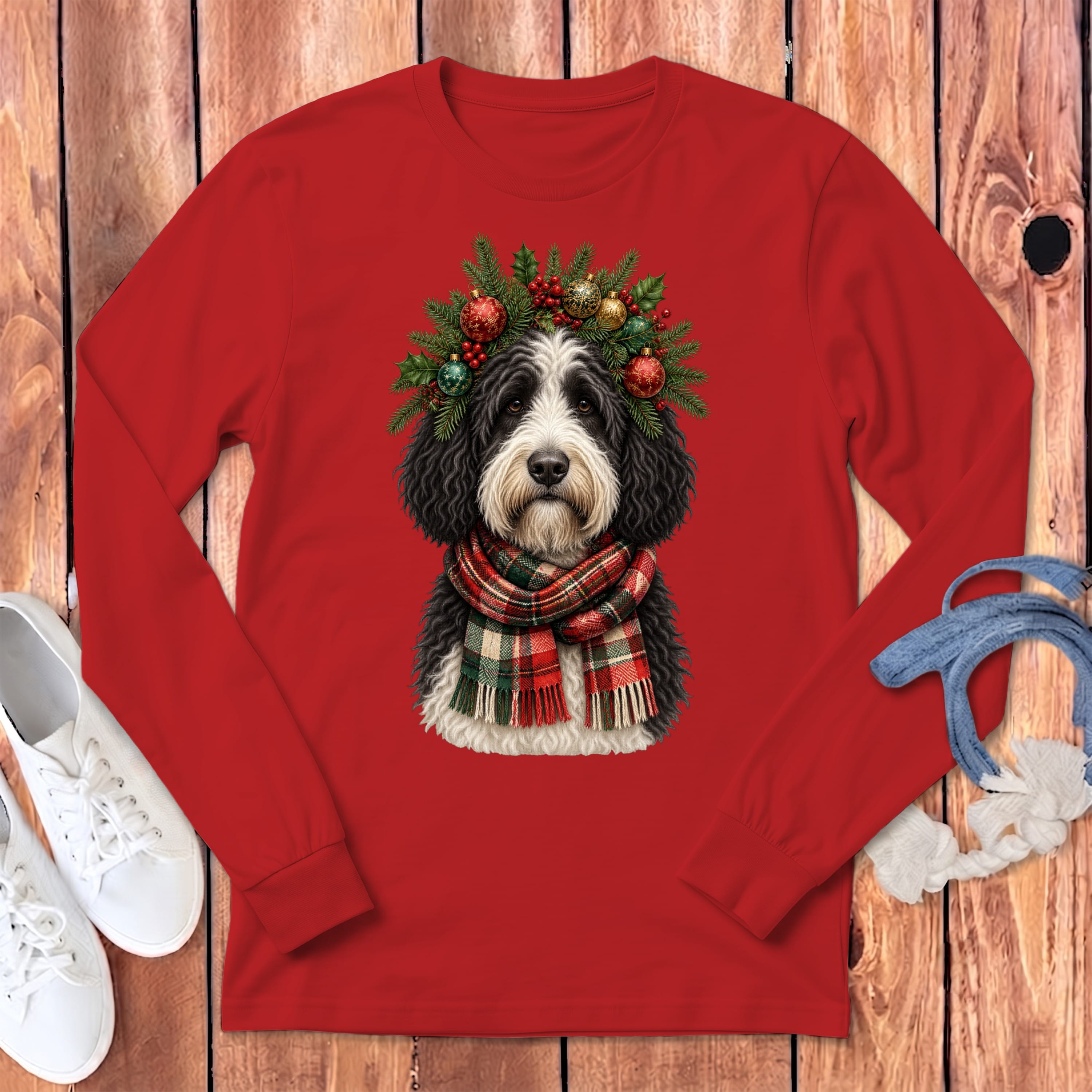 Sheepadoodle Holiday Crown Long Sleeve T-Shirt in Red / S by MyDesigns