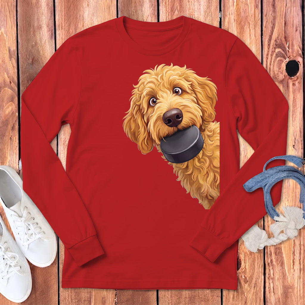 Golden Goldendoodle Hockey Puck Long Sleeve T-Shirt in Red / S by Puppy Jo