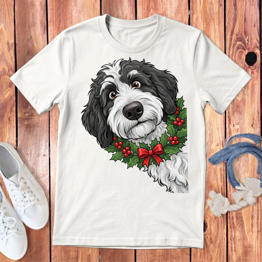 White t-shirt featuring a black and white dog wearing a holly wreath and red bow.