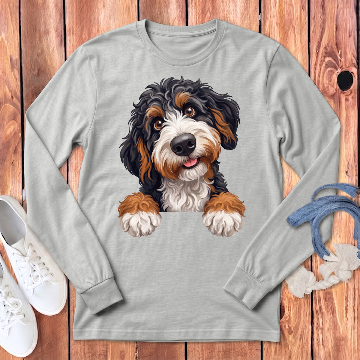 Light grey long-sleeve shirt with a playful Bernedoodle dog graphic.