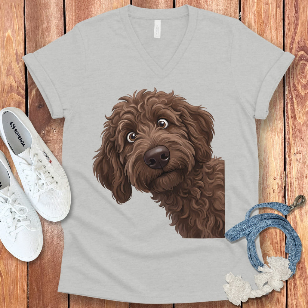 Funny Peeking Chocolate Goldendoodle V-Neck T-Shirt in Athletic Heather / S by Puppy Jo