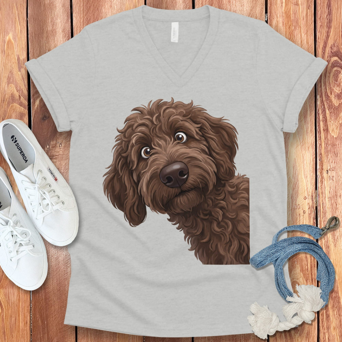 Funny Peeking Chocolate Goldendoodle V-Neck T-Shirt in Athletic Heather / S by Puppy Jo