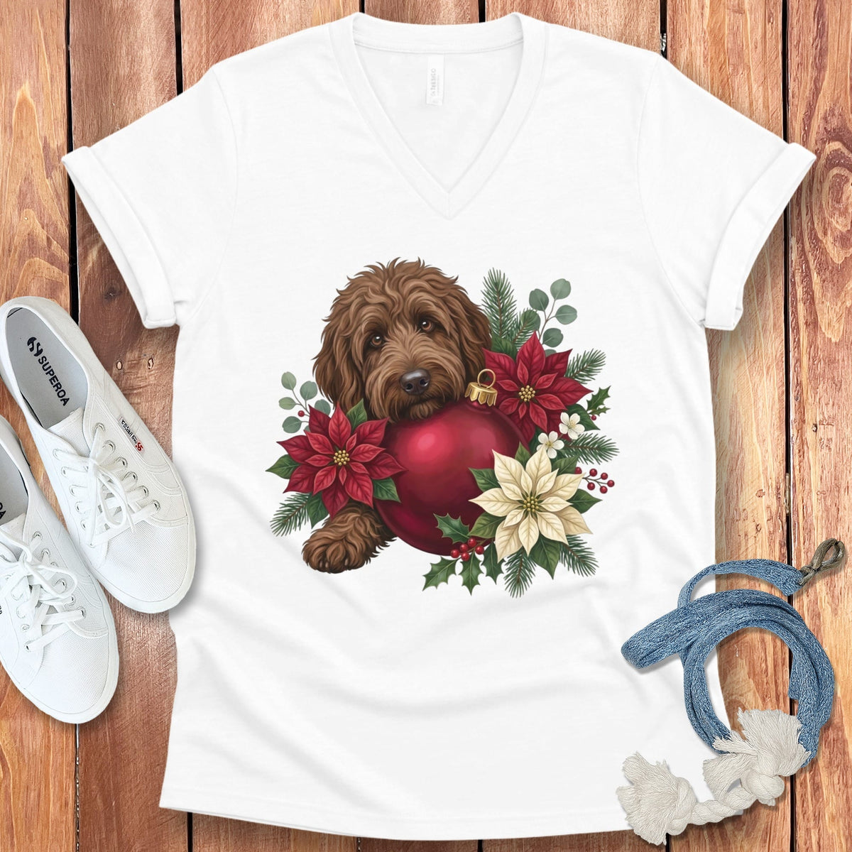 Chocolate Goldendoodle Holiday Cheer V-Neck T-Shirt in White / S by Puppy Jo