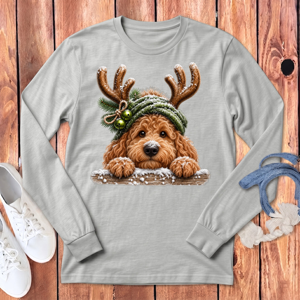 Light gray long-sleeve shirt with a doodle dog wearing reindeer antlers and a winter hat.