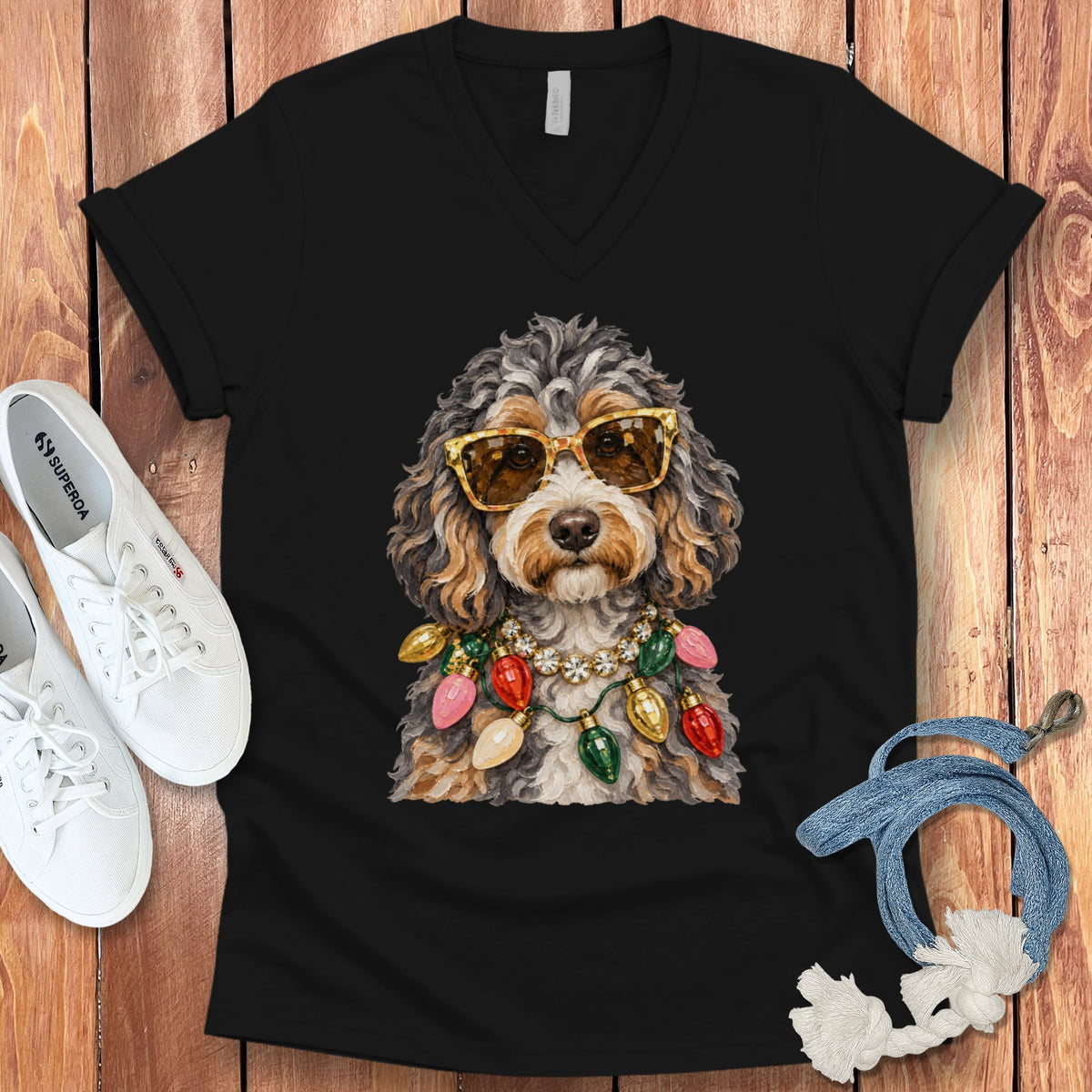 Black t-shirt with a watercolor print of a dog wearing sunglasses and Christmas lights.