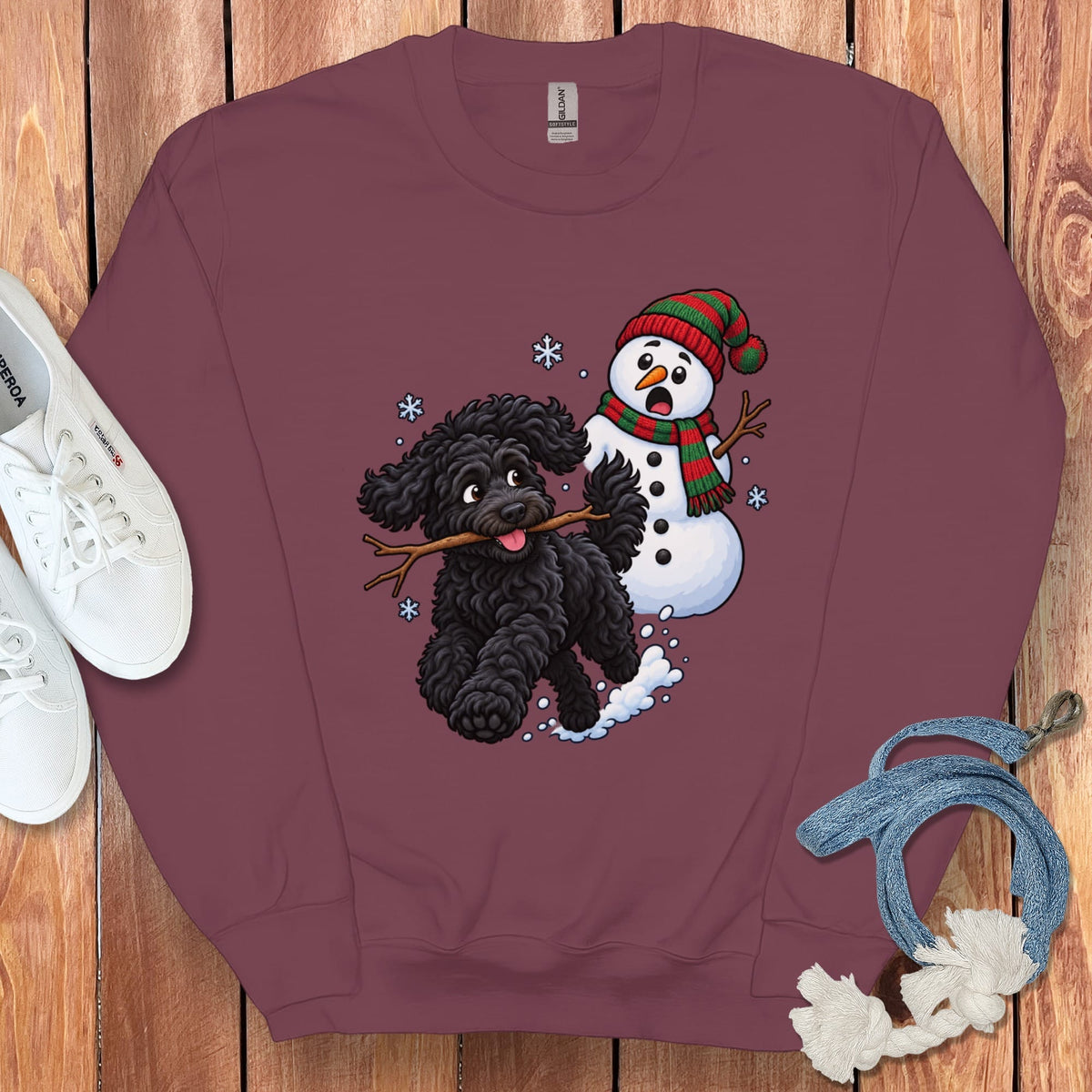 Black Goldendoodle Snowman Sweatshirt in Maroon / S by Puppy Jo