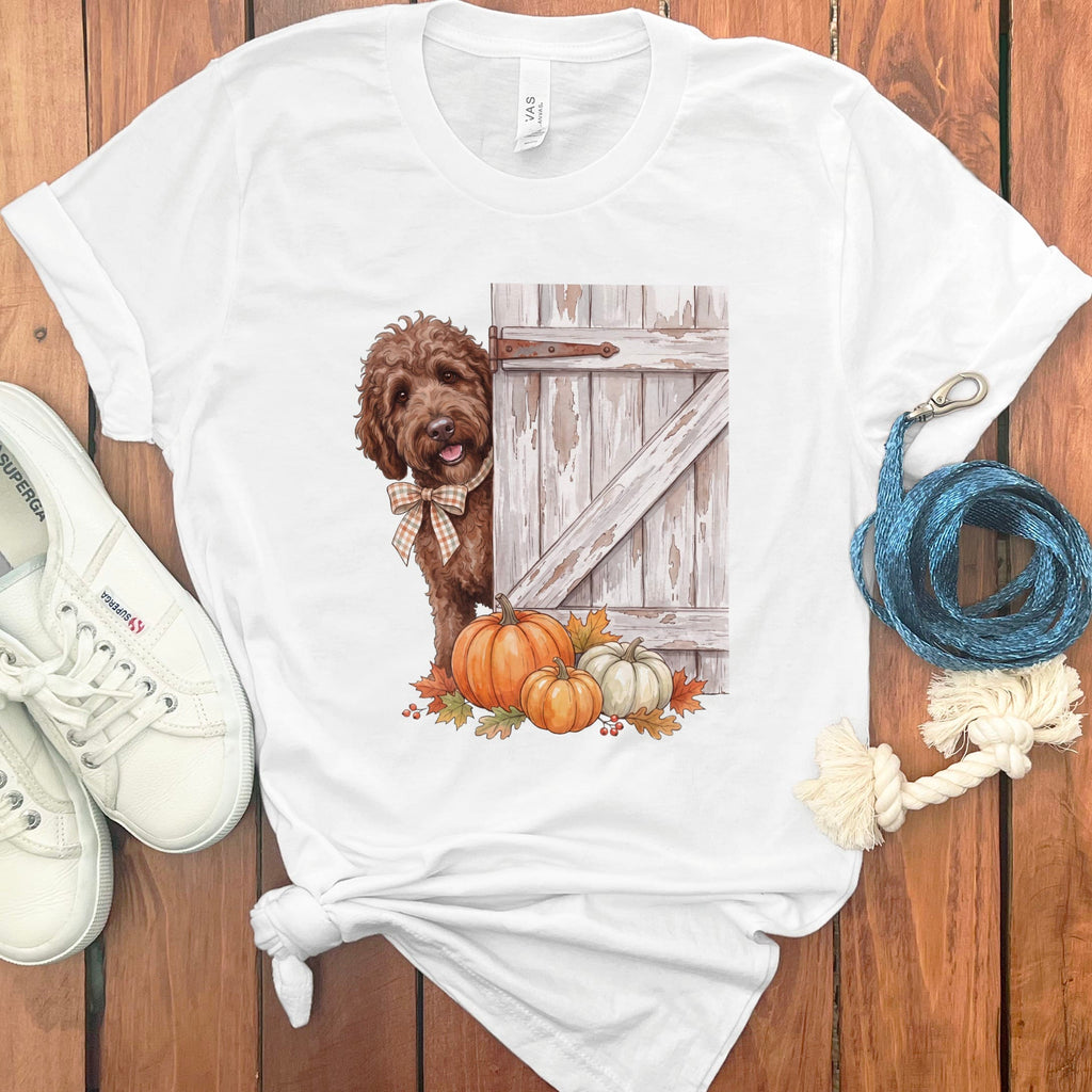Chocolate Goldendoodle Barn Peeking T-Shirt in White / S by Puppy Jo