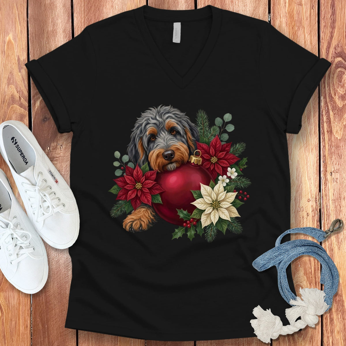 Phantom Goldendoodle Holiday Cheer V-Neck T-Shirt in Black / S by Puppy Jo