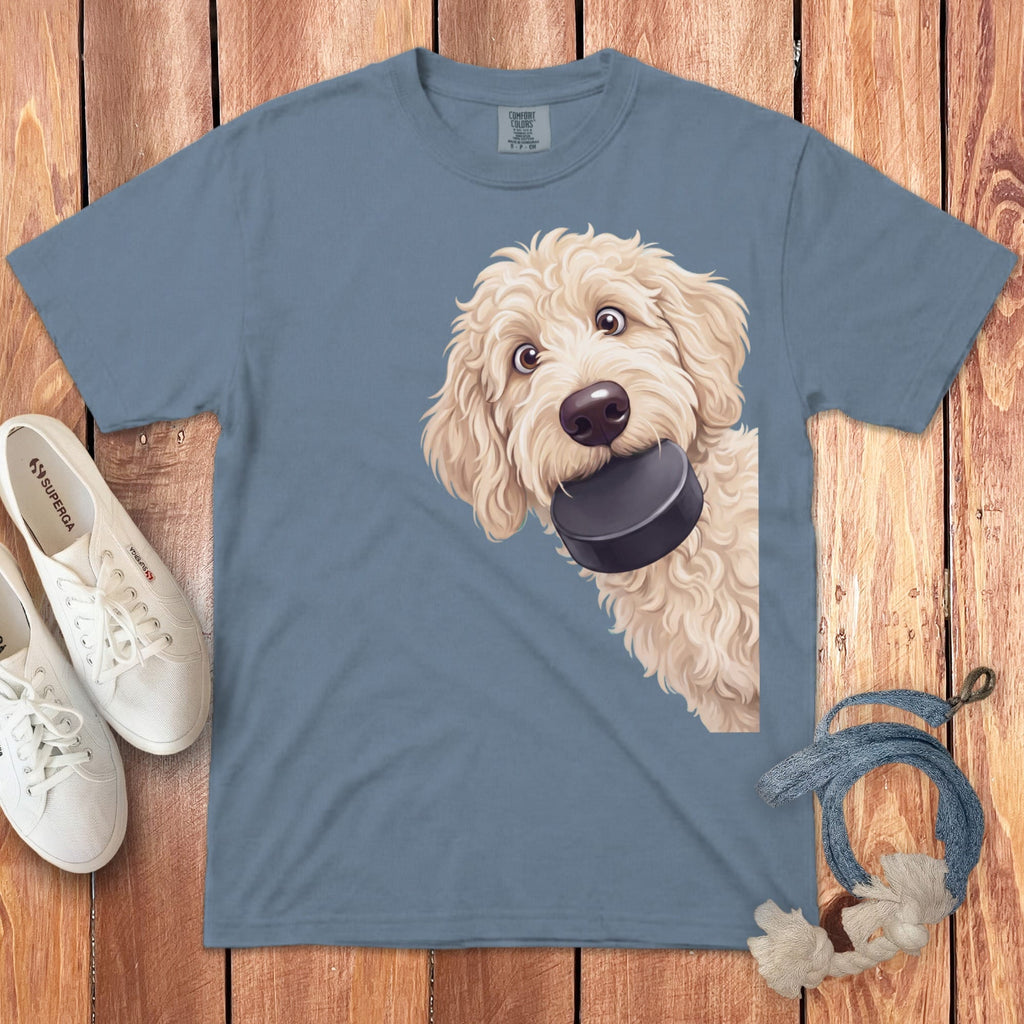 Cream Goldendoodle Hockey Puck Signature T-Shirt in Blue Jean / S by Puppy Jo