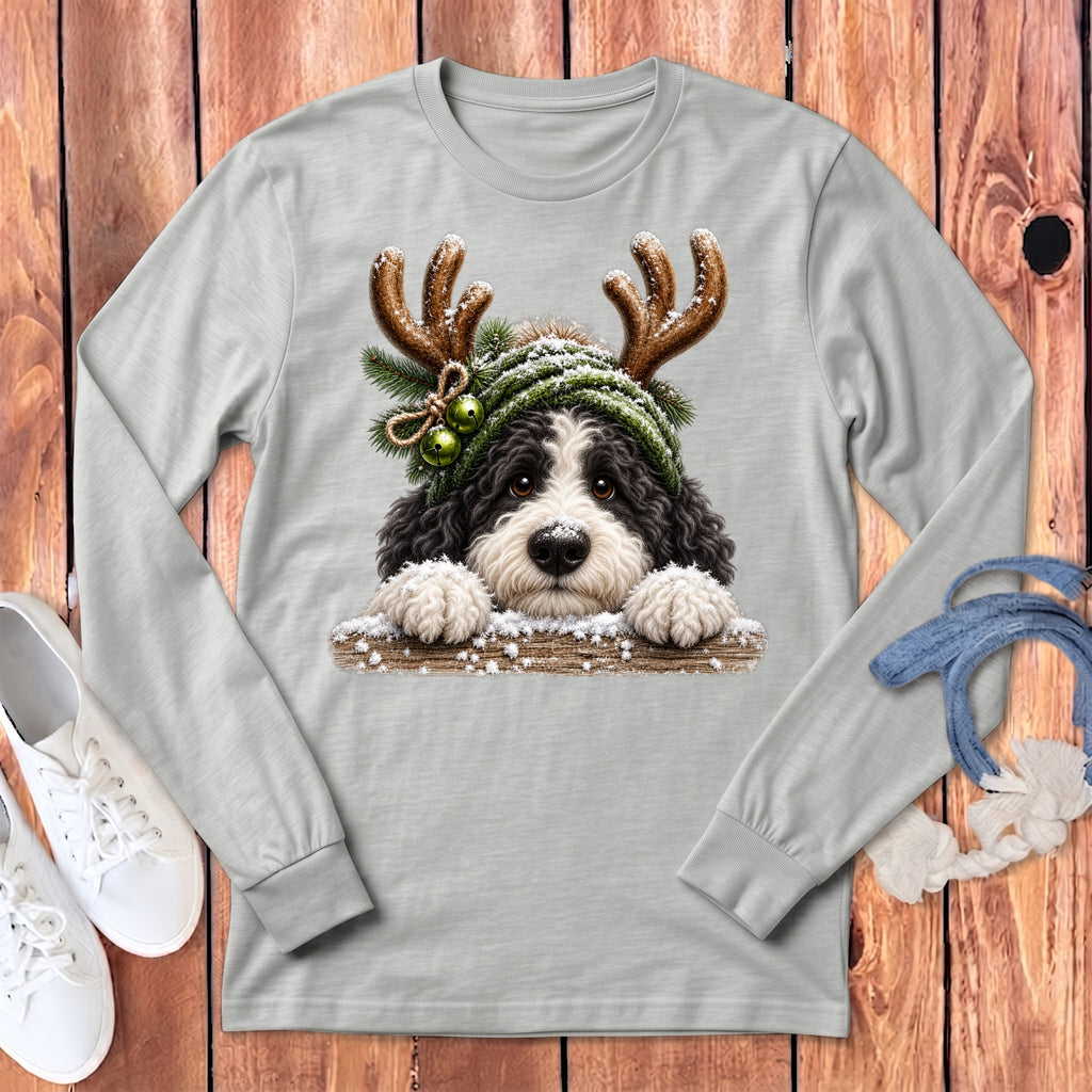 Bernedoodle dog wearing reindeer antlers and a festive hat on a light gray long-sleeve shirt.