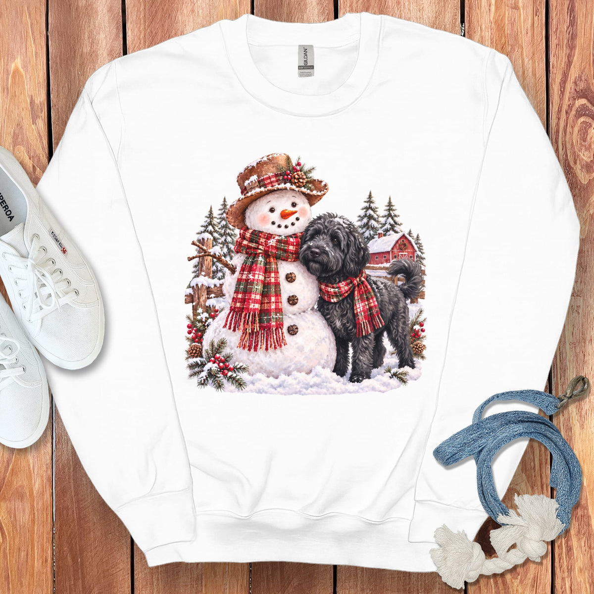 Black Goldendoodle Christmas Snowman Sweatshirt in White / S by Puppy Jo