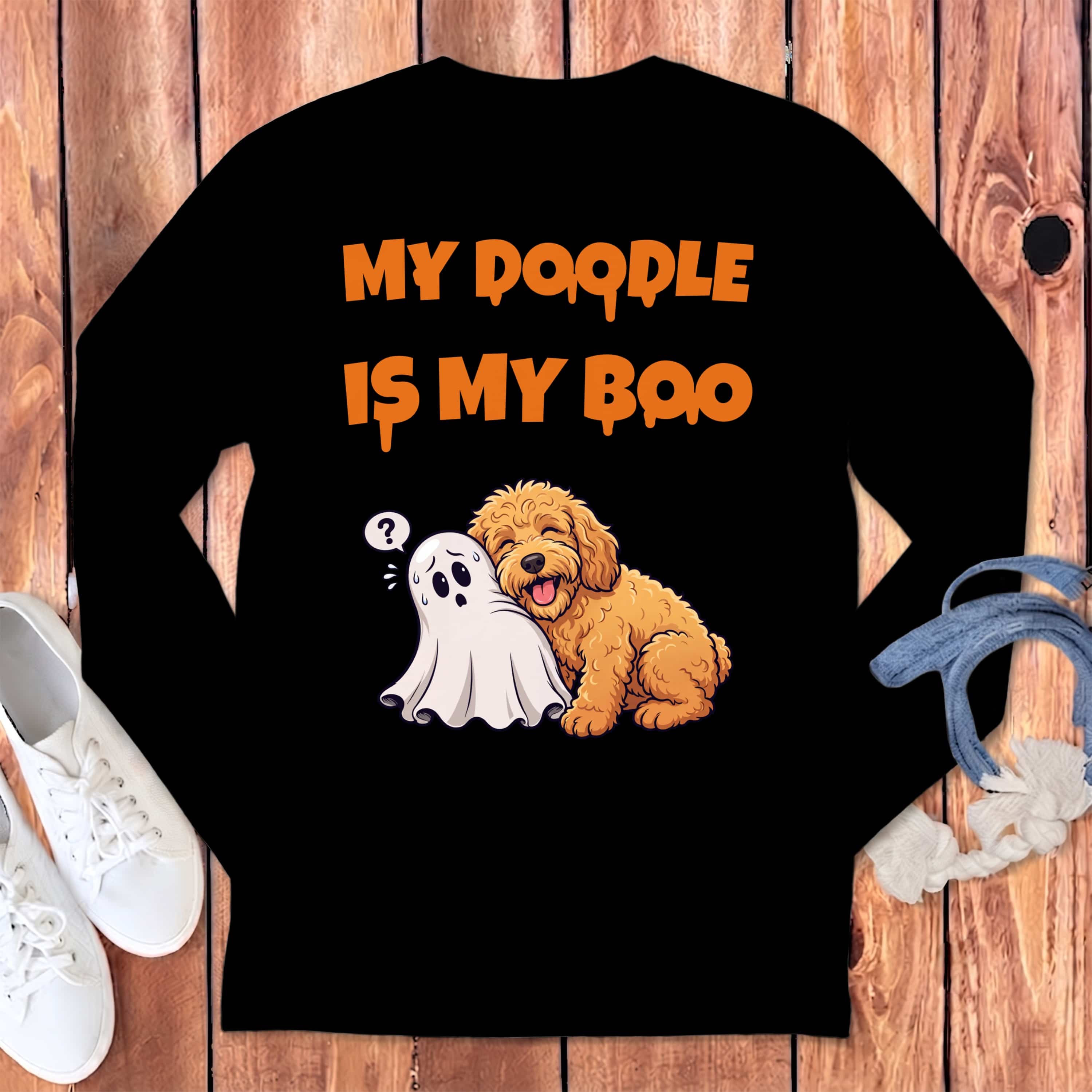 Apricot Goldendoodle My Boo Long Sleeve T-Shirt in Black / S by Puppy Jo