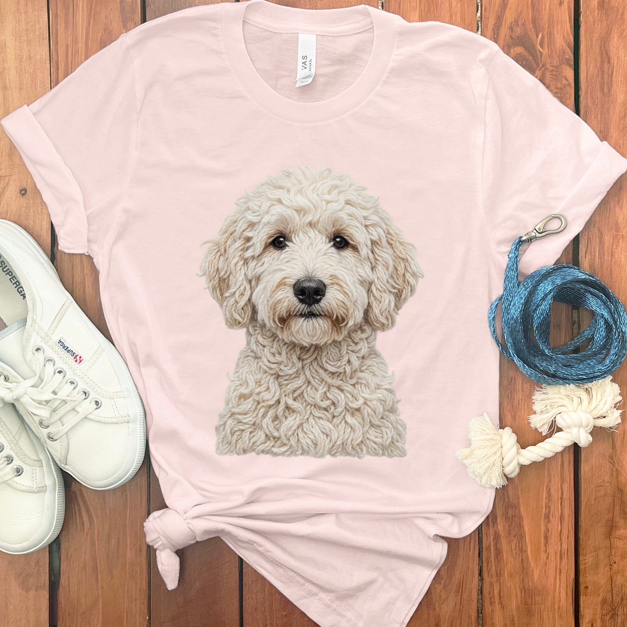 Adorable Fluffy Dog Illustration on Light Pink Shirt