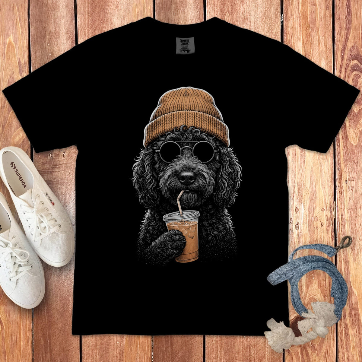Black Goldendoodle Ice Latte Signature T-Shirt in Black / S by Puppy Jo
