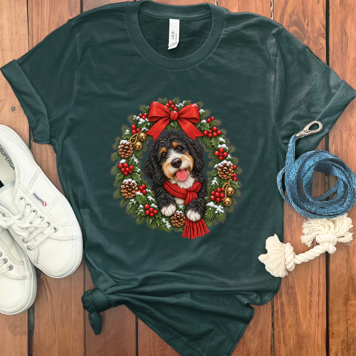A dark green t-shirt with a Bernedoodle dog graphic inside a Christmas wreath, accompanied by white sneakers and a blue leash.