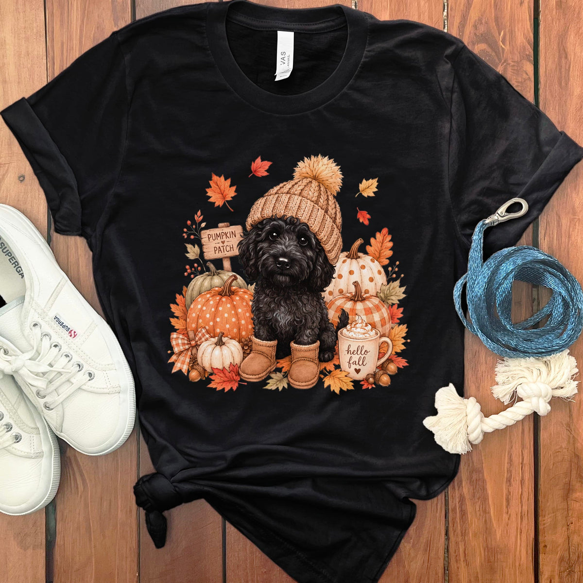 Black Goldendoodle Pumpkin Patch T-Shirt in Black / S by Puppy Jo