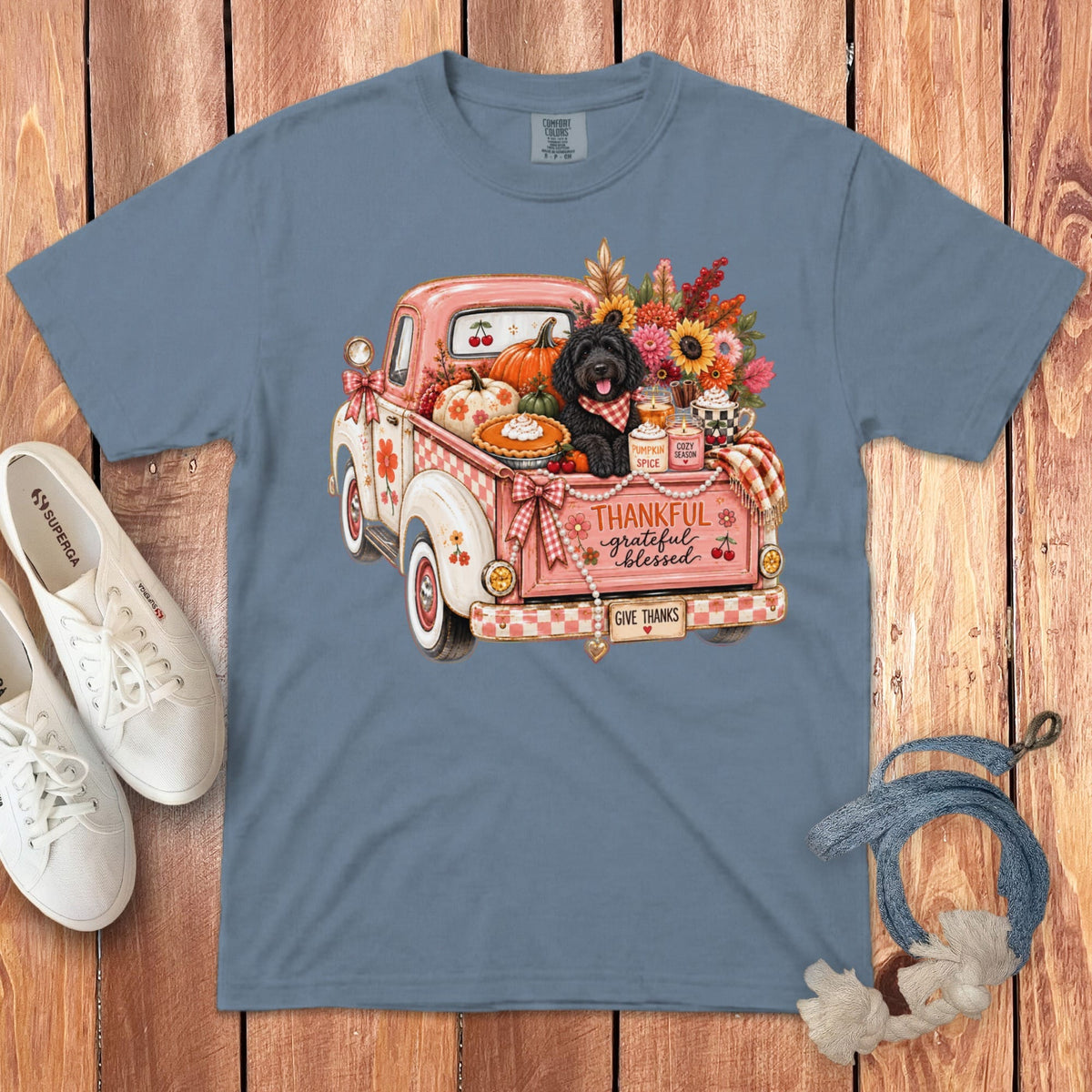Black Goldendoodle Fall Truck Signature T-Shirt in Blue Jean / S by Puppy Jo