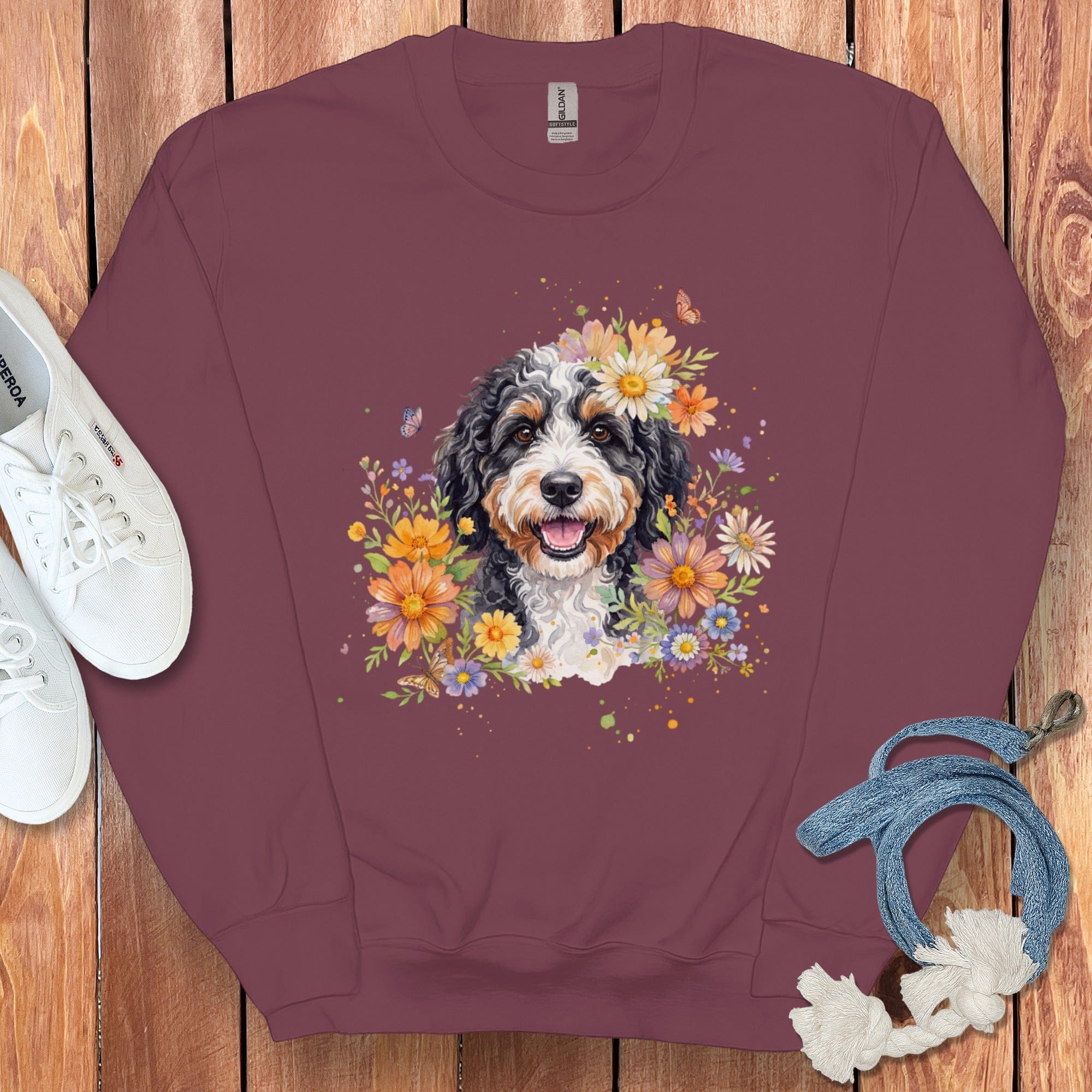 Cute Floral Dog with Happy Face Long Sleeve Shirt