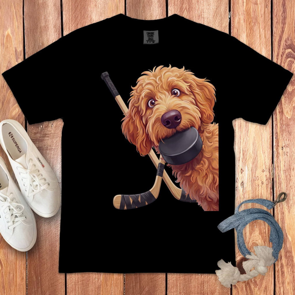Apricot Goldendoodle Hockey Signature T-Shirt in Black / S by Puppy Jo