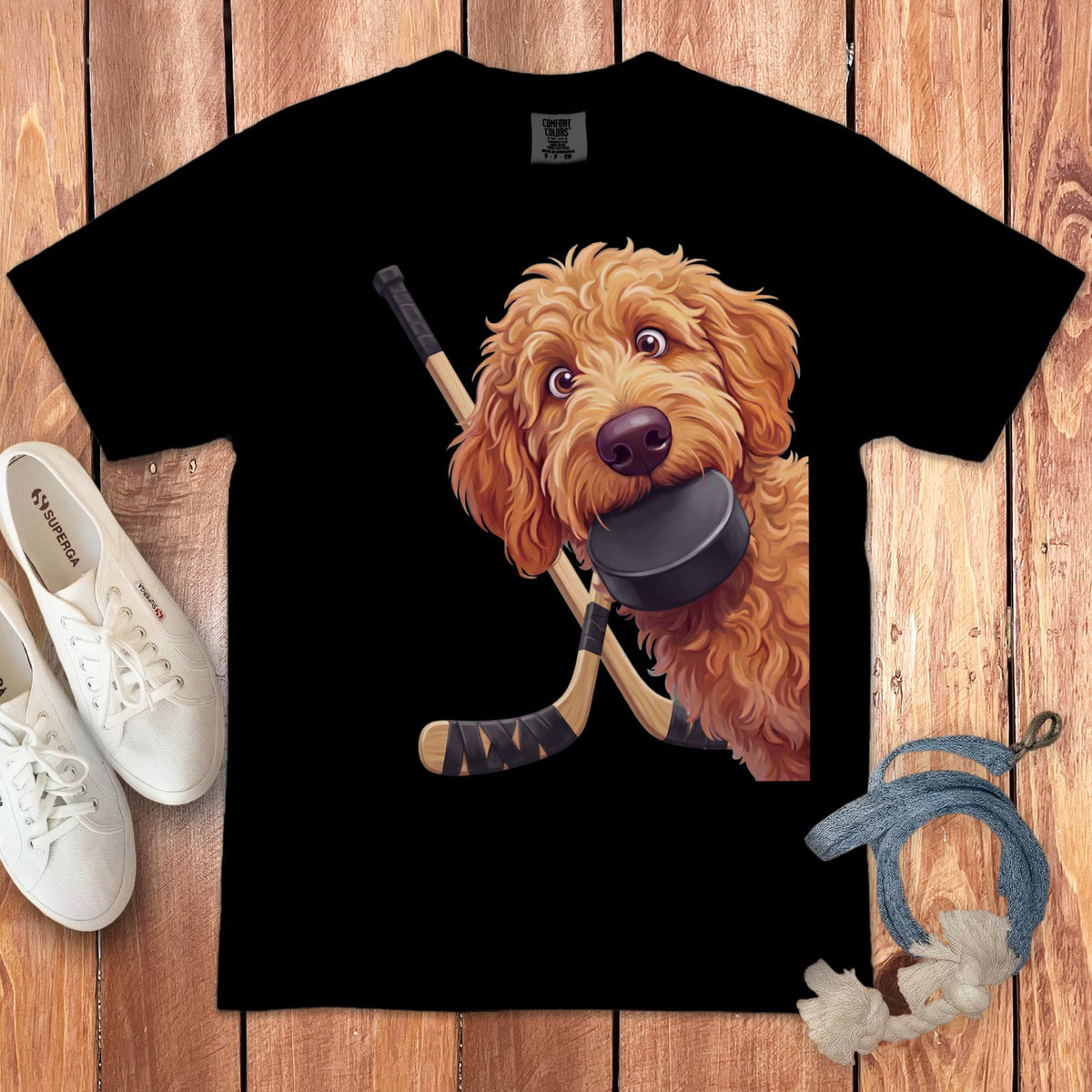 Apricot Goldendoodle Hockey Signature T-Shirt in Black / S by Puppy Jo