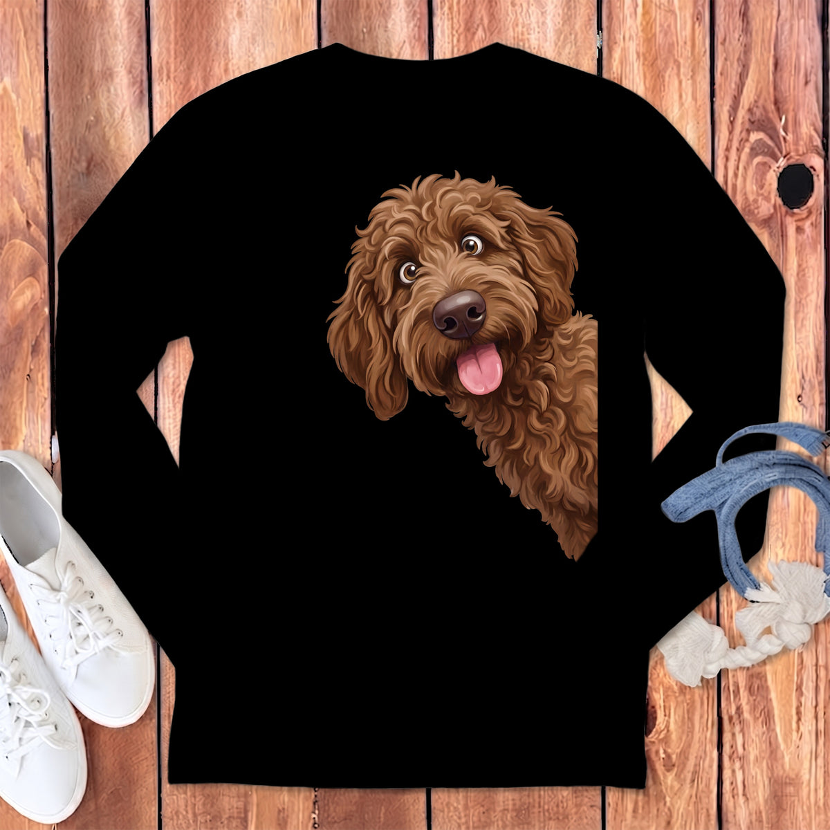 Black long-sleeve shirt with a brown doodle dog peeking from the side.