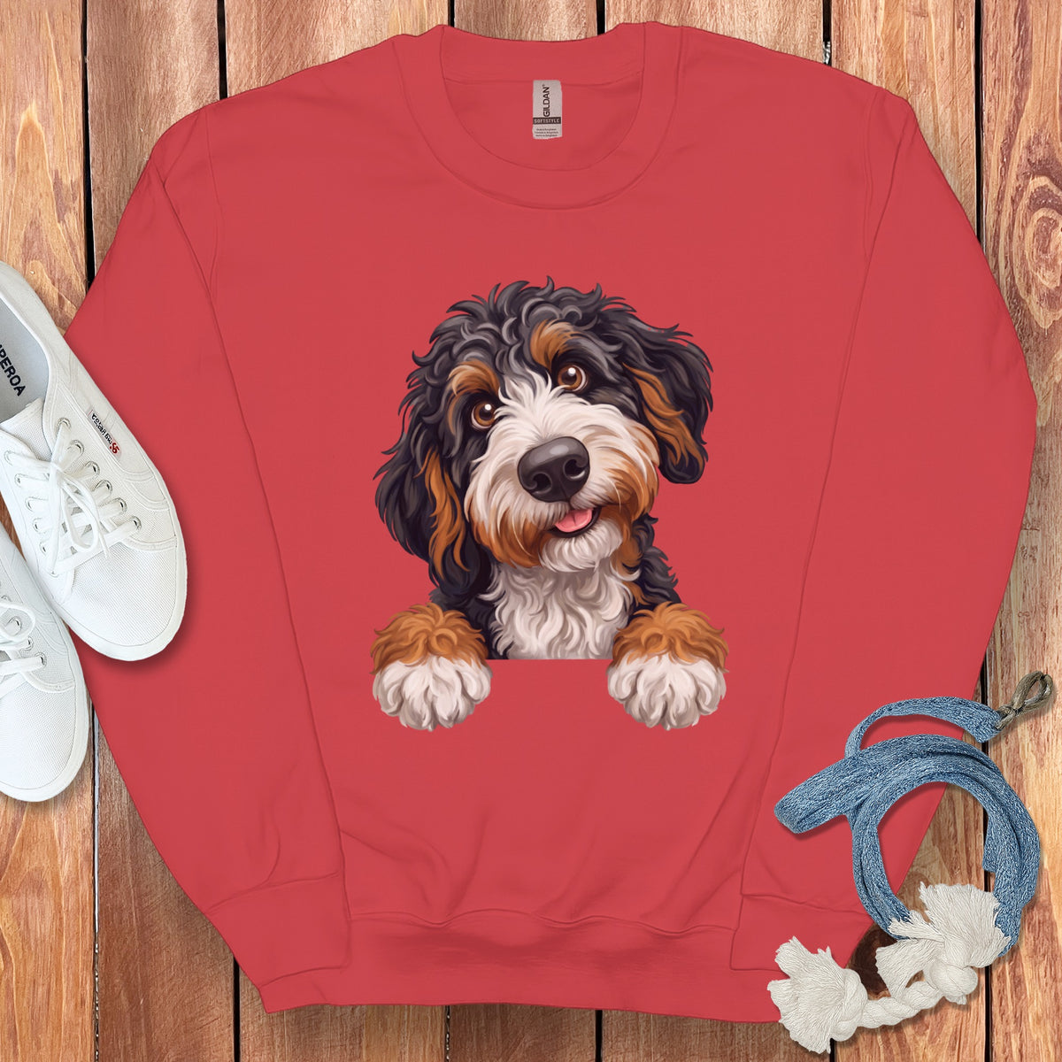 Red sweatshirt with a cheerful Bernese Mountain Dog puppy illustration on the front.