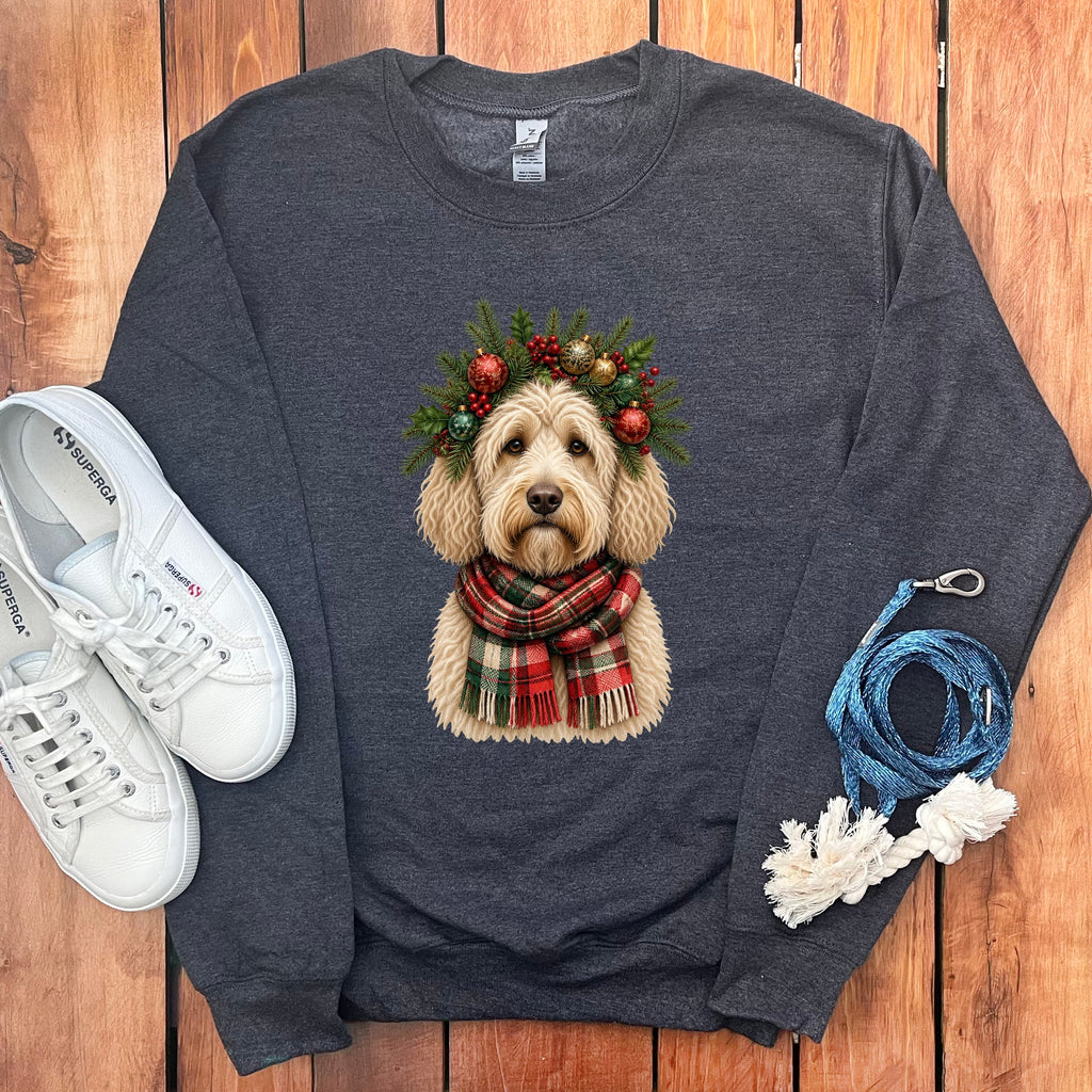 Cream Goldendoodle Holiday Crown Sweatshirt in Dark Heather / S by Puppy Jo