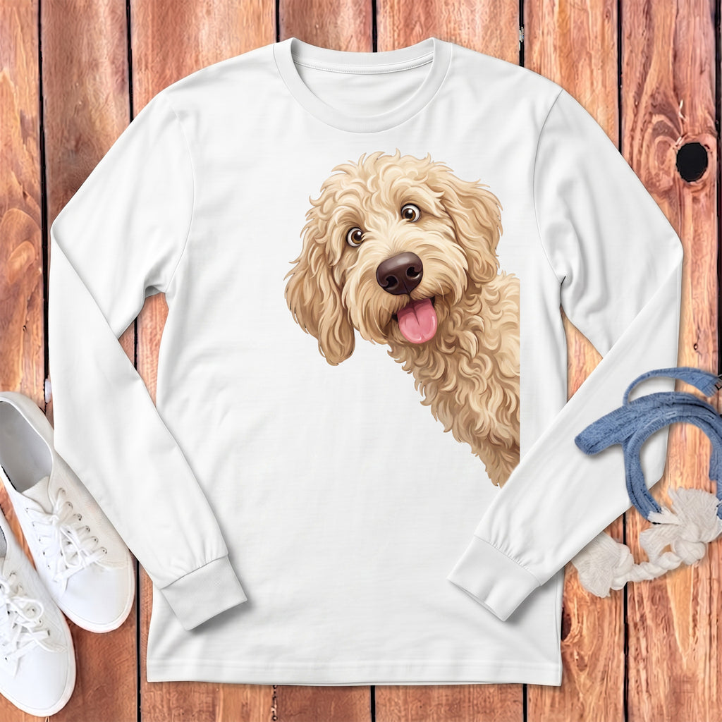 White long-sleeve shirt featuring a cartoon doodle dog peeking from the side.