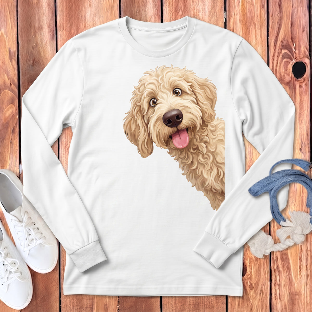 White long-sleeve shirt featuring a cartoon doodle dog peeking from the side.