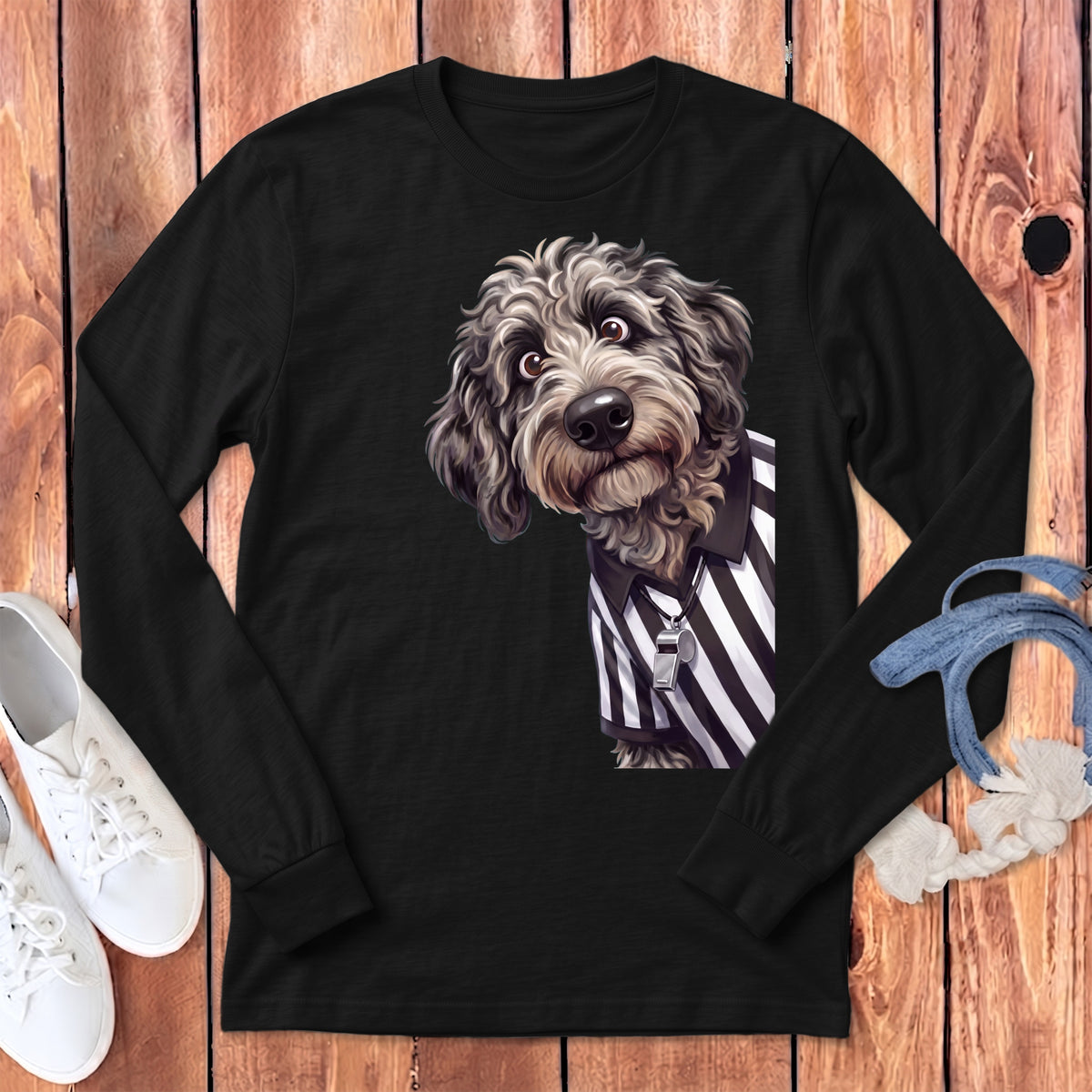 Black long-sleeve shirt featuring a doodle-style dog wearing a referee shirt and whistle.
