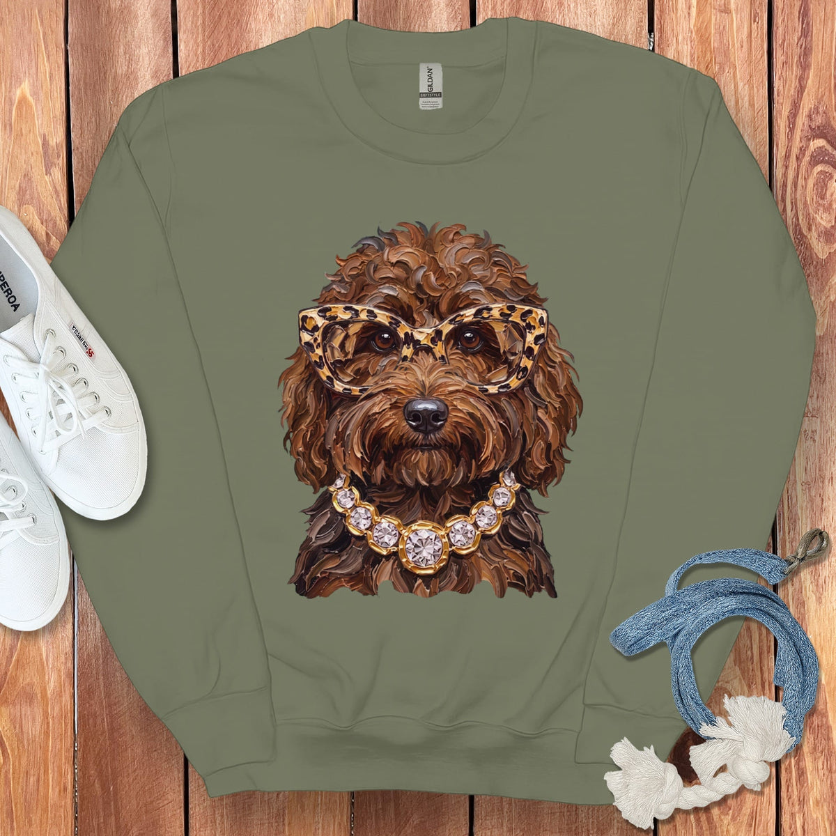 Chocolate Goldendoodle Glam Sweatshirt in Military Green / S by Puppy Jo