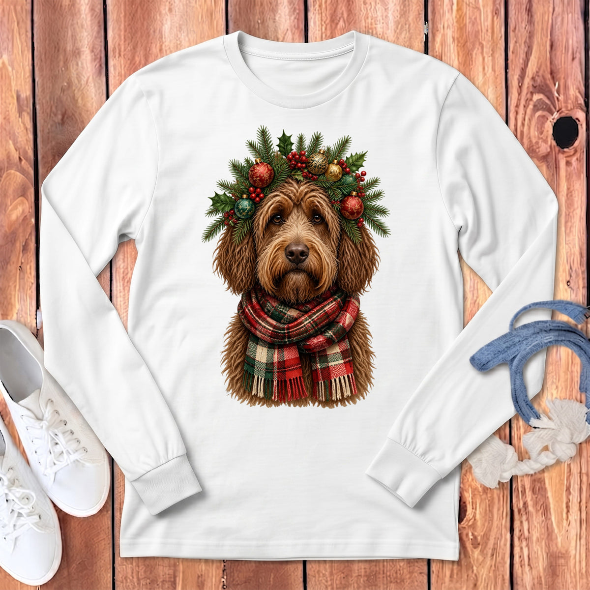 Chocolate Goldendoodle Holiday Crown Long Sleeve T-Shirt in White / S by MyDesigns