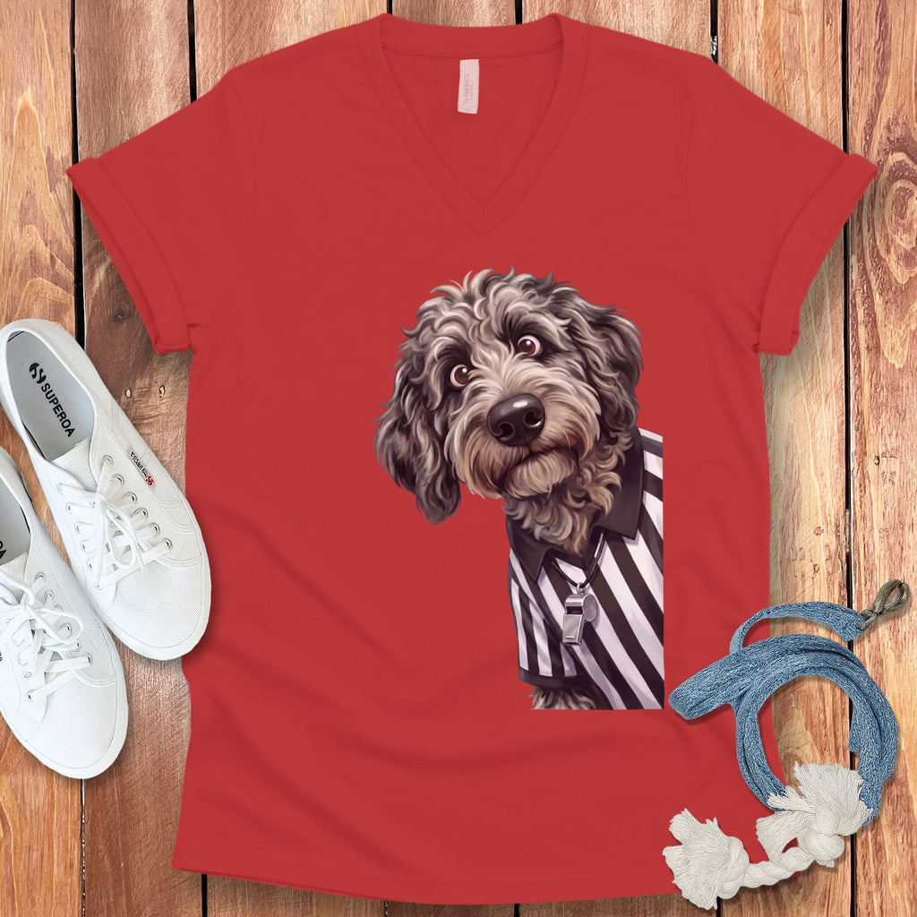 Merle Goldendoodle Football Referee V-Neck T-Shirt in Red / S by Puppy Jo