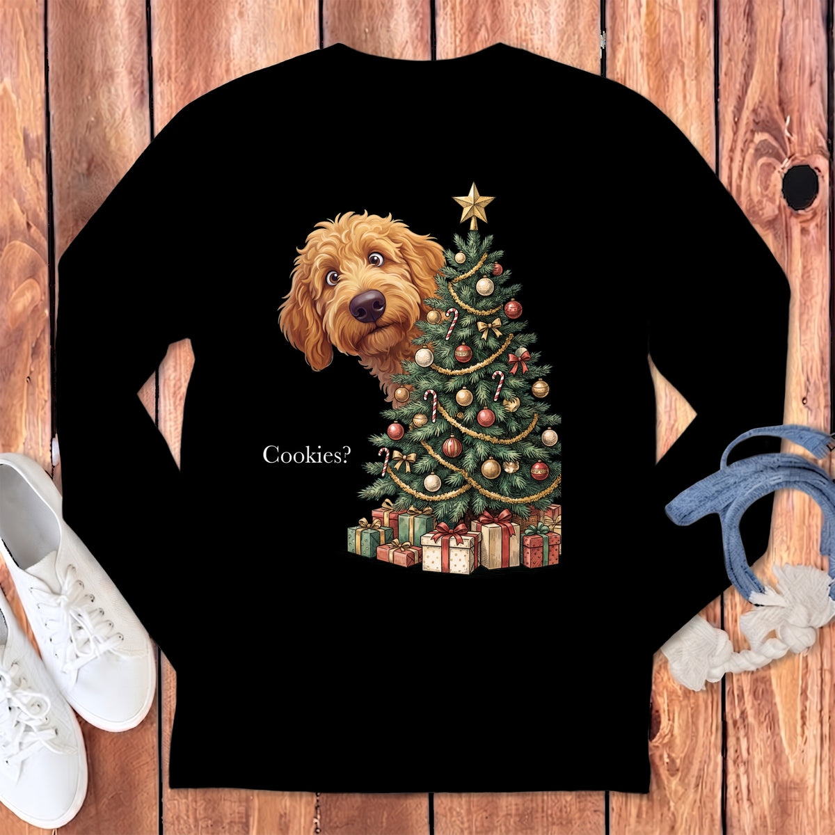 Fluffy dog peeking at Christmas tree with presents and text "Cookies?"