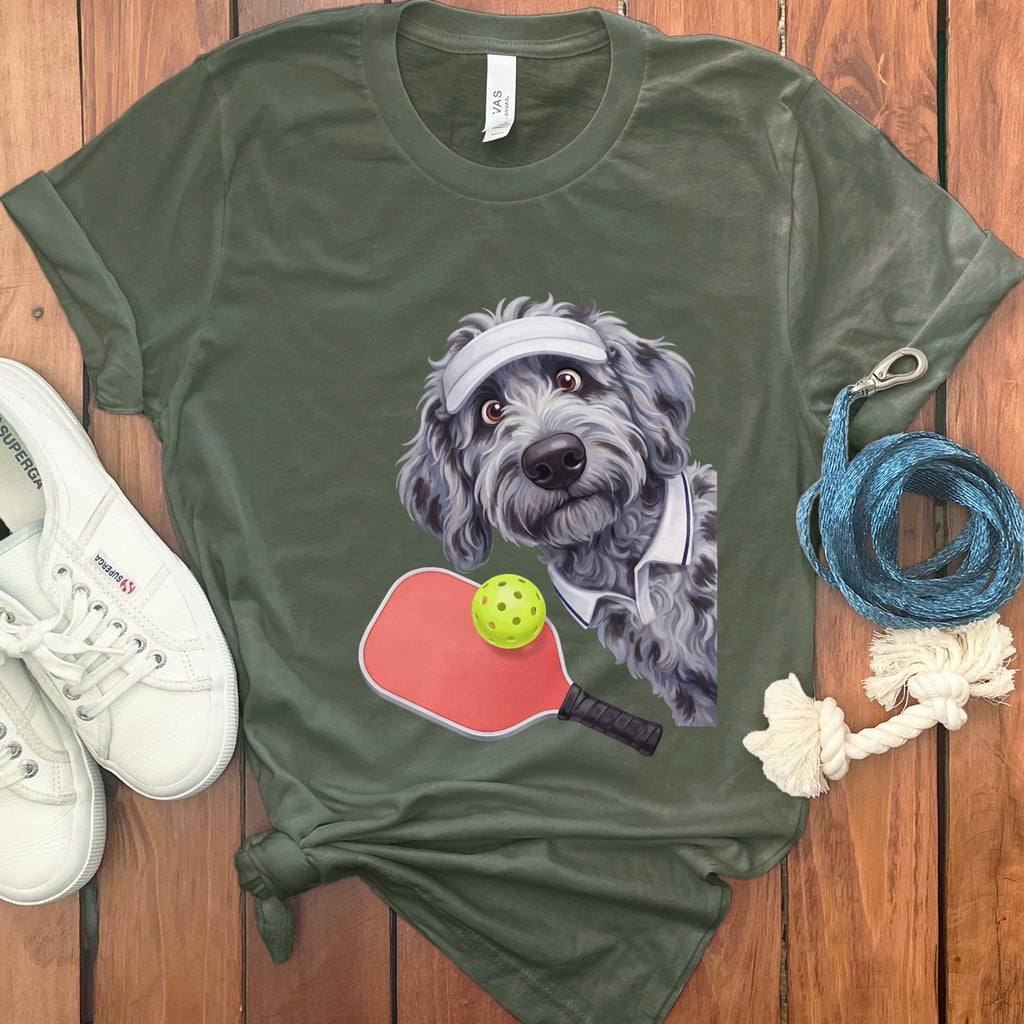 Merle Goldendoodle Pickleball Player T-Shirt in Military Green / S by Puppy Jo