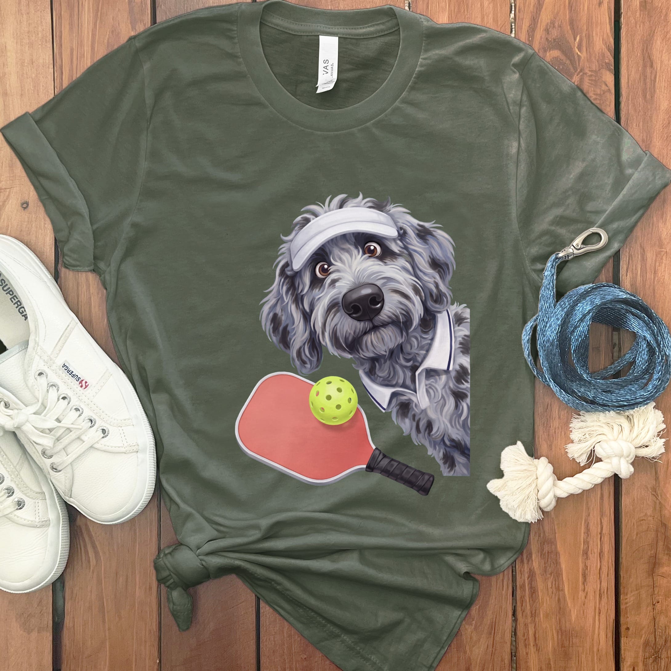 Merle Goldendoodle Pickleball Player T-Shirt in Military Green / S by Puppy Jo