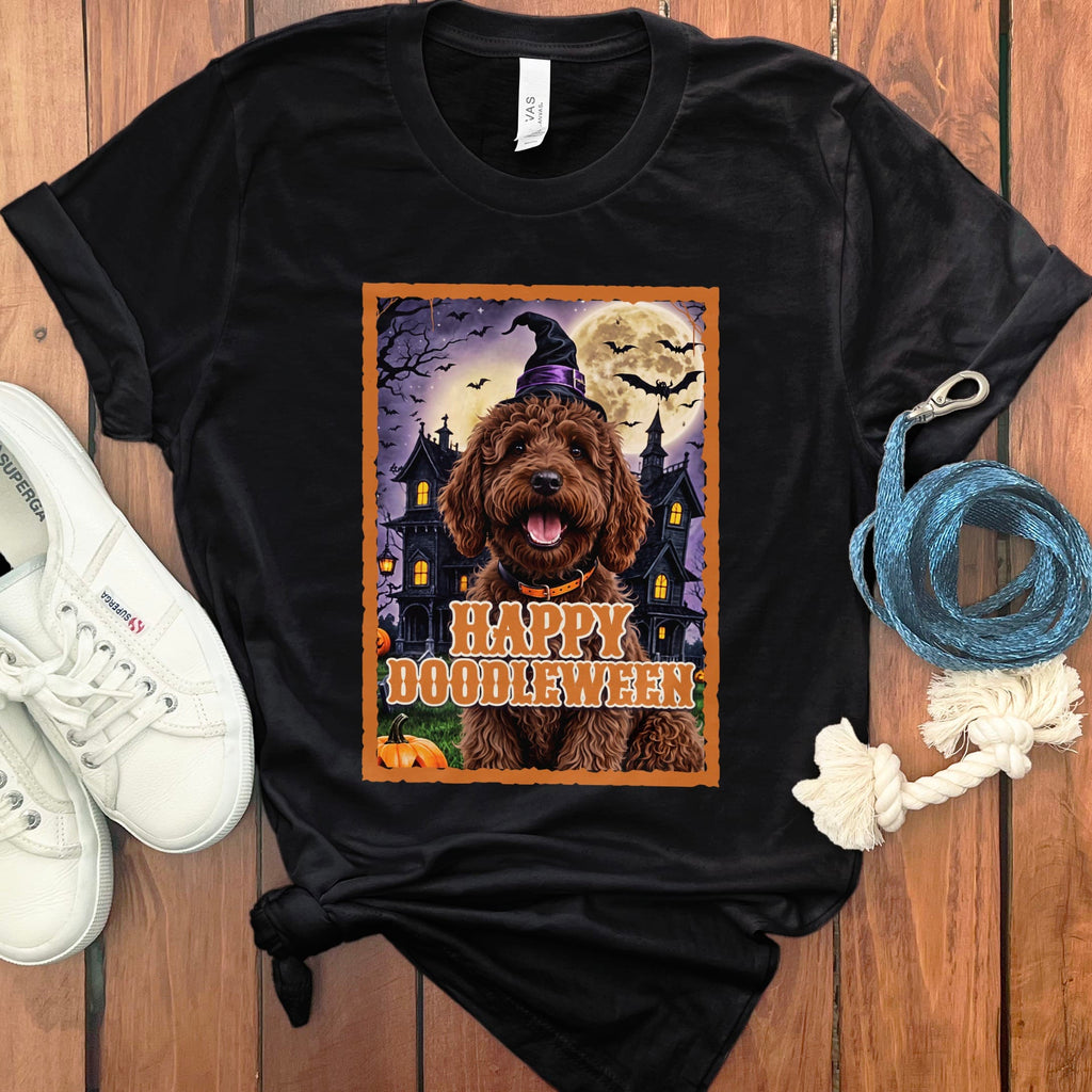 Chocolate Goldendoodle Happy Doodleween T-Shirt in Black / M by Puppy Jo