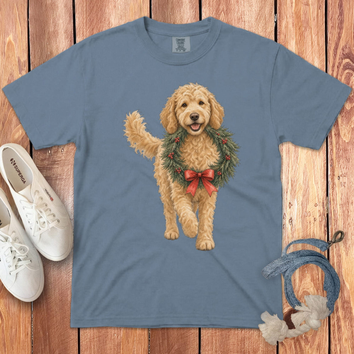 Golden Goldendoodle Wreath Signature T-Shirt in Blue Jean / S by Puppy Jo