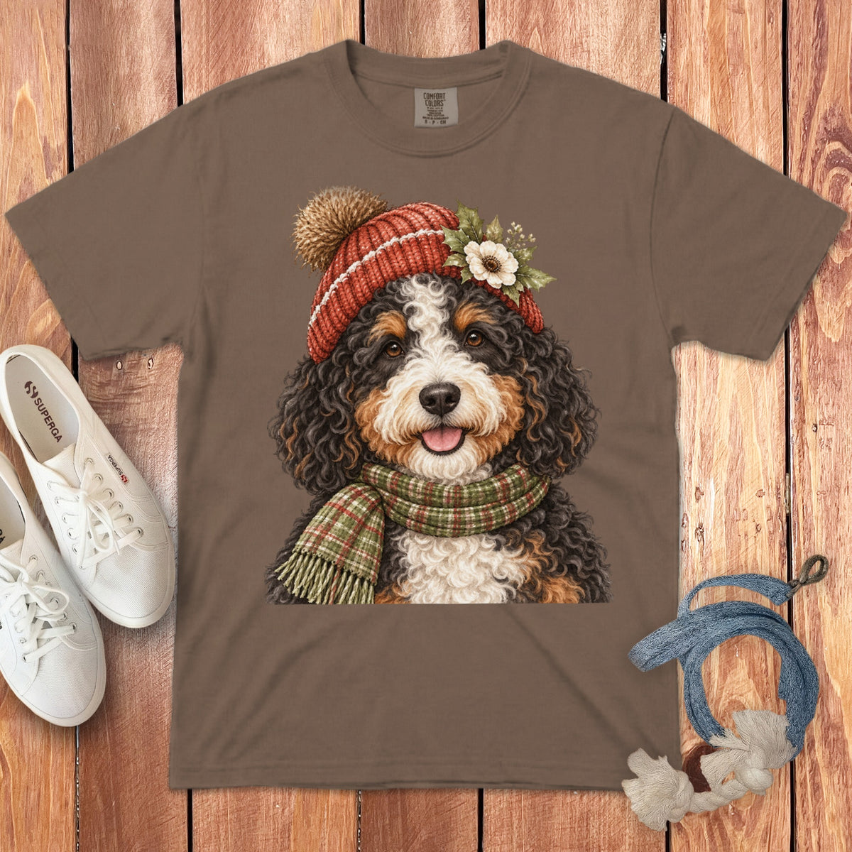 Bernese mountain dog wearing a red knit hat, scarf, and flower.