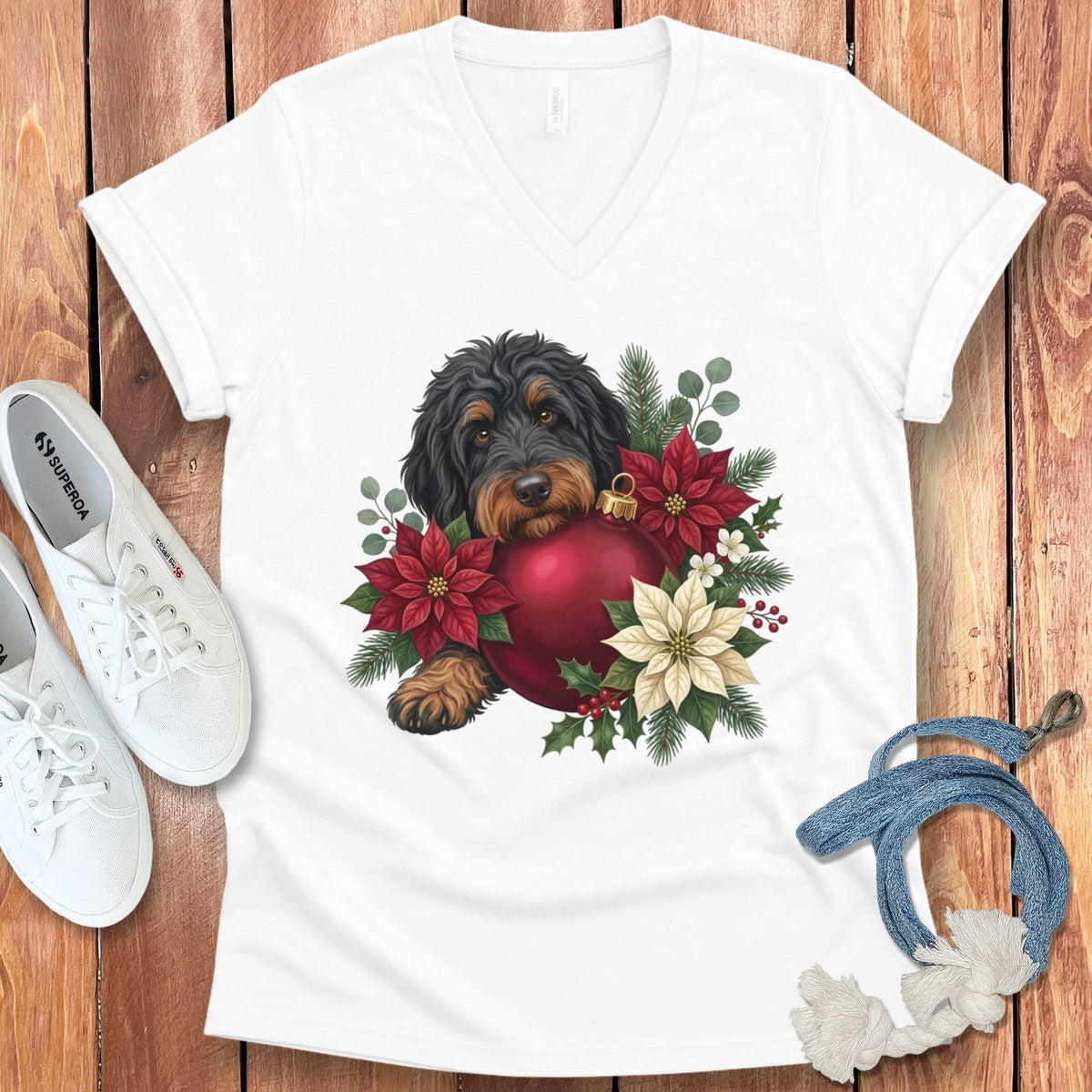 Phantom Goldendoodle Holiday Cheer V-Neck T-Shirt in White / S by Puppy Jo